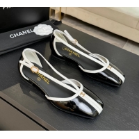Low Price Chanel CC Logo Black Patent Leather T Strap Flat Shoes 6052204