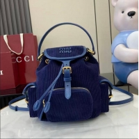 Grade Discount Miu Miu Medium Corduroy Cotton Backpack 5BZ043 Dark Blue 2026