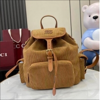 Best Grade Miu Miu Leather-trimmed Large Corduroy Cotton Backpack 5BZ043 Brown 2026