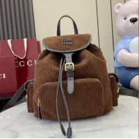 Promotional Miu Miu Leather-trimmed Large Corduroy Cotton Backpack 5BZ043 Dark Brown 2026