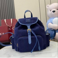 Trendy Design Miu Miu Leather-trimmed Large Corduroy Cotton Backpack 5BZ043 Dark Blue 2026
