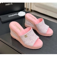 Trendy Design Chanel CC Logo Pink Tweed Wedge Sandals 6052206