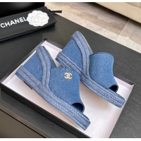 Fashion Chanel CC Logo Denim Blue Fabric Wedge Sandals 6052206