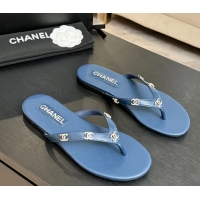 Durable Chanel CC Logo Blue Leather Flat Thong Sandals 6052207