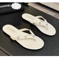 Fashion Chanel CC Logo White Leather Flat Thong Sandals 6052207
