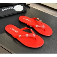 Expensive Chanel CC Logo Red Leather Flat Thong Sandals 6052208