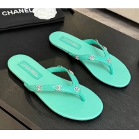 Original Cheap Chanel CC Logo Light Green Leather Flat Thong Sandals 6052208