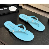 Discount Chanel CC Logo Light Blue Leather Flat Thong Sandals 6052208