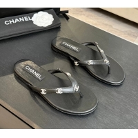 Best Chanel CC Logo Black Leather Flat Thong Sandals 6052208