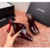 Buy Discount Chanel CC Burgundy Brown Patent Leather High Heeled Mules 6052401