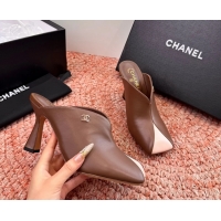 Stylish Chanel CC Brown Pink Calfskin Leather High Heeled Mules 6052401