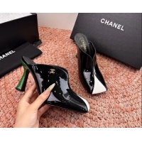 Sumptuous Chanel CC Black White Patent Leather High Heeled Mules 6052401