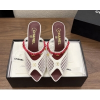 Best Quality Chanel High Heeled Mules Sandals Ivory White Mesh Cotton and Lambskin 80MM 6052402
