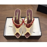 Cheap Chanel High Heeled Mules Sandals Beige Mesh Cotton and Lambskin 80MM 6052402