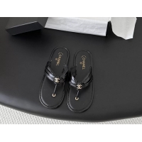 Comfortable Chanel CC Logo Black Leather Flat Thong Sandals 6052403