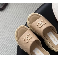 Good Quality Chanel CC Logo Quilted Leather Raffia Wedge Sandals Beige 6052405