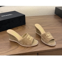 New Design Chanel CC Logo Dark Brown Suede Leather Wedge Sandals 75MM 6052406