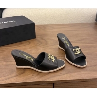 Top Quality Chanel CC Logo Black Lambskin Leather Wedge Sandals 75MM 6052406