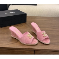Buy New Cheap Chanel CC Logo Pink Suede Leather Wedge Sandals 75MM 6052501