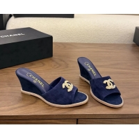 Crafted Chanel CC Logo Navy Blue Suede Leather Wedge Sandals 75MM 6052501