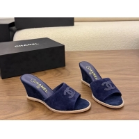 Expensive Chanel CC Logo Navy Blue Suede Leather Wedge Sandals 75MM 6052501