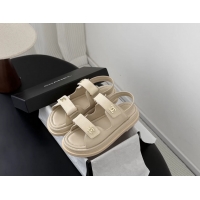 Good Quality Chanel CC Logo Dad Flat Sandal Beige Calfskin Leather 6052502
