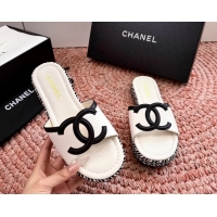 Durable Chanel CC Logo Raffia Flat Slides Sandals White Calfskin Leather 6052504
