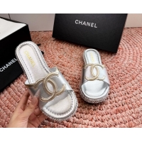 Best Product Chanel CC Logo Raffia Flat Slides Sandals Silver Calfskin Leather 6052504