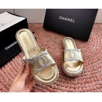 Sophisticated Chanel CC Logo Raffia Flat Slides Sandals Gold Metallic Leather 6052504