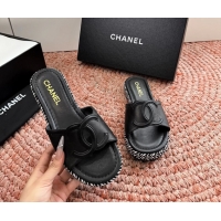 Expensive Chanel CC Logo Raffia Flat Slides Sandals Black Calfskin Leather 6052504