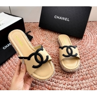 Duplicate Chanel CC Logo Raffia Flat Slides Sandals Beige Calfskin Leather 6052504