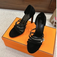 Leisure Hermes Lipstick Black Suede Leather High Heeled Sandals 105MM 6052601
