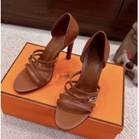 Fashion Hermes Lipstick Brown Calfskin Leather High Heeled Sandals 105MM 6052601