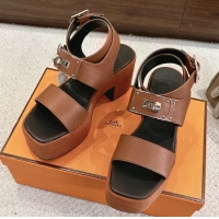 Original Cheap Hermes Lola Platform High Heeled Sandals with Oversized Kelly Buckle Brown Calfskin Leather 75MM 6052605