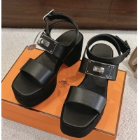 Stylish Hermes Lola Platform High Heeled Sandals with Oversized Kelly Buckle Black Calfskin Leather 75MM 6052605