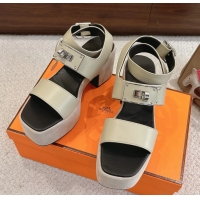 Original Cheap Hermes Lola Platform High Heeled Sandals with Oversized Kelly Buckle Gray Calfskin Leather 75MM 6052605
