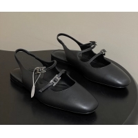 Fashion Hermes Mila Flat Slingback with Hapi Buckle Black Calfskin Leather 6052701
