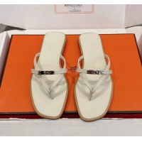 Best Hermes Miss Flat Thong Sandals with Kelly Buckle Off White Calfskin Leather 6052705