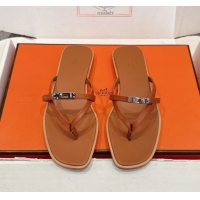 Good Looking Hermes Miss Flat Thong Sandals with Kelly Buckle Brown Calfskin Leather 6052705