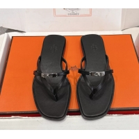 Big Discount Hermes Miss Flat Thong Sandals with Kelly Buckle Black Calfskin Leather 6052705