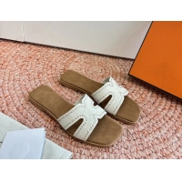 Top Grade Hermes Oran Studded Flat Slides Sandals White Suede Leather 6052706