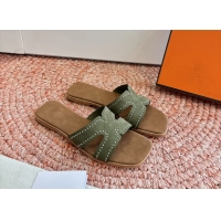 Durable Hermes Oran Studded Flat Slides Sandals Green Suede Leather 6052706 