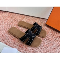 Unique Style Hermes Oran Studded Flat Slides Sandals Black Suede Leather 6052706