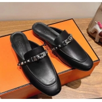Lowest Cost Hermes OZ Flat Mules Black Calfskin Leather 6052707
