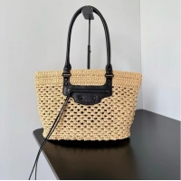 Promotional Balenciaga Womens Le City Basket Medium Tote Bag in Raffia 865012 Beige/Black Brass Hardware
