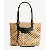 Super Quality Balenciaga Womens Le City Basket Small Tote Bag in Raffia 865013 Beige/Black Brass Hardware