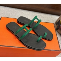 Comfortable Hermes Georgia Flat Sandals Green Suede Leather 6052801
