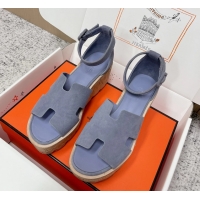 Youthful Hermes Luce Platform Sanadls Light Blue Suede Leather 6052804