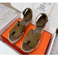 Cheap Hermes Luce Platform Sanadls Khaki Green Suede Leather 6052804