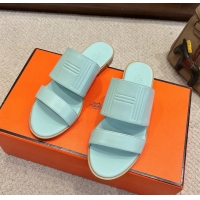 Comfortable Hermes Mona Light Blue Calfskin Leather Flat Slides Sandals 6053001